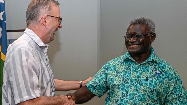 Anthony Albanese with Solomon Islands Prime Minister Manasseh Sogavare in Fiji in July. Picture: AFP