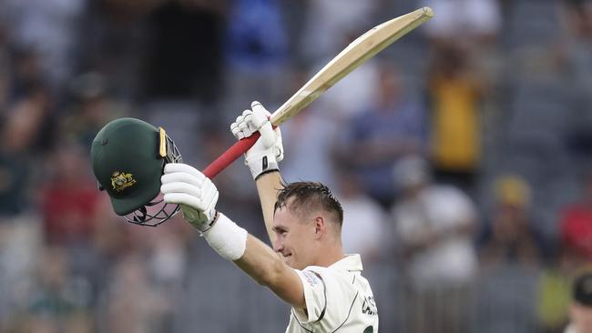 Marnus Labuschagne celebrates bringing up his century against New Zealand. Picture: AP