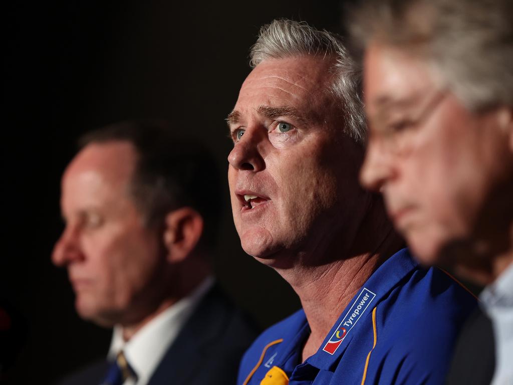 PERTH, AUSTRALIA – JULY 09: Adam Simpson addresses the media with Don Pyke (WCE CEO) and Paul Fitzpatrick (WCE Chair) after the West Coast Eagles and senior coach Adam Simpson mutually agreed that his 11-year tenure at the club will come to an end during a West Coast Eagles AFL press conference at Mineral Resources Park on July 09, 2024 in Perth, Australia. (Photo by Paul Kane/Getty Images)