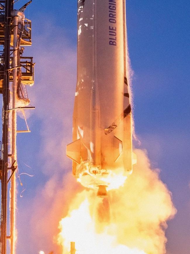 The New Shepard rocket launches from Texas. Picture: AFP