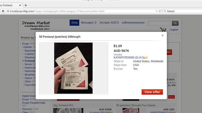 The drug, 50 times more powerful than heroin and 100 ties stronger than morphine, is doing sold to Australians on the Dark Web in the form of "gel patches". Picture: Supplied