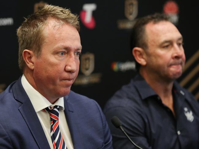 SYDNEY, AUSTRALIA - OCTOBER 03: Roosters Coach, Trent Robinson and Raiders Coach, Ricky Stuart speak during the NRL Grand Final Press Conference at the Westin Hotel on October 03, 2019 in Sydney, Australia. (Photo by Brendon Thorne/Getty Images)