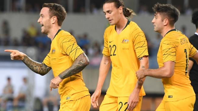 KAOHSIUNG, TAIWAN - OCTOBER 15: Adam Taggart (10) of Australia scores during the FIFA World Cup Qatar 2022 and AFC Asian Cup China 2023 Preliminary Joint Qualification Round 2 match between Chinese Taipei and the Australia Socceroos at Kaohsiung National Stadium on October 15, 2019 in Kaohsiung, Taiwan. (Photo by Gene Wang/Getty Images)