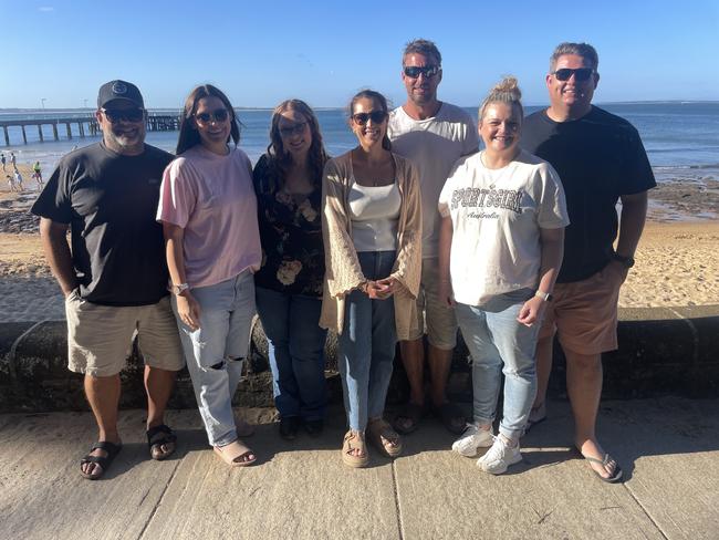 Lucas Brown, Leah Brown, Abbey McKenzie, Sonia Van Damme, Jeremy Van Damme, Stacey Mantel and Dan Mantel at Cowes Foreshore on Phillip Island for the 2024 New Year's Eve fireworks. Picture: Jack Colantuono