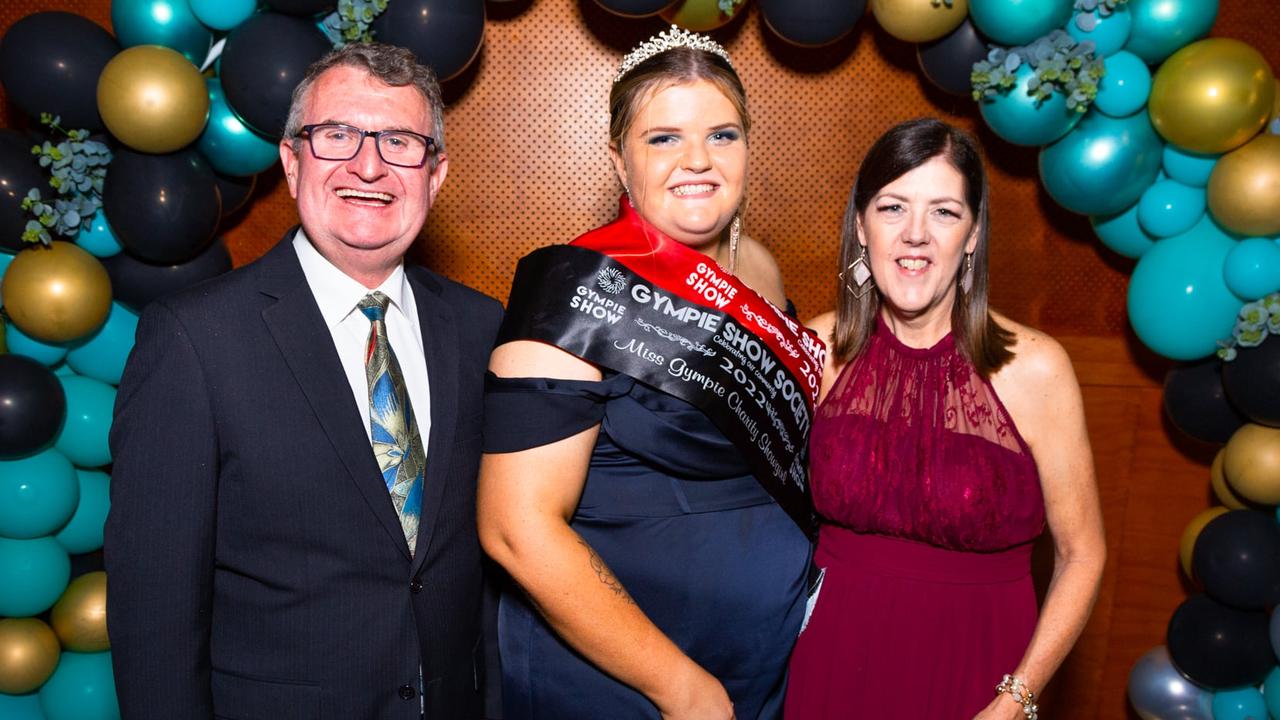 Gympie Showgirl and Charity Showgirl Bronte O'Sullivan (middle) at the 2022 Gympie Show Ball. Photo: Contributed