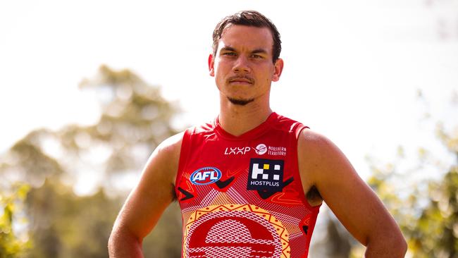 Gold Coast Suns player Daniel Rioli models the club's 2025 Darwin/Larrakia guernsey for the round nine and 10 games in Darwin. Photo: Gold Coast Suns