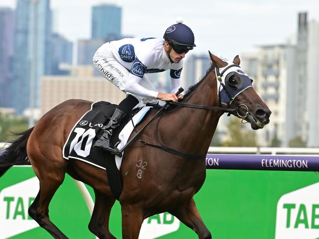 MELBOURNE, AUSTRALIA - MARCH 25: Jordan Childs riding Goldman winning Race 5, the Lexus Roy Higgins, during Melbourne Racing at Flemington Racecourse on March 25, 2023 in Melbourne, Australia. (Photo by Vince Caligiuri/Getty Images)