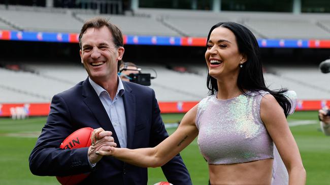 AFL CEO Andrew Dillon and singing superstar Katy Perry, who will perform at the grand final in Melbourne on Saturday. Picture: Getty Images