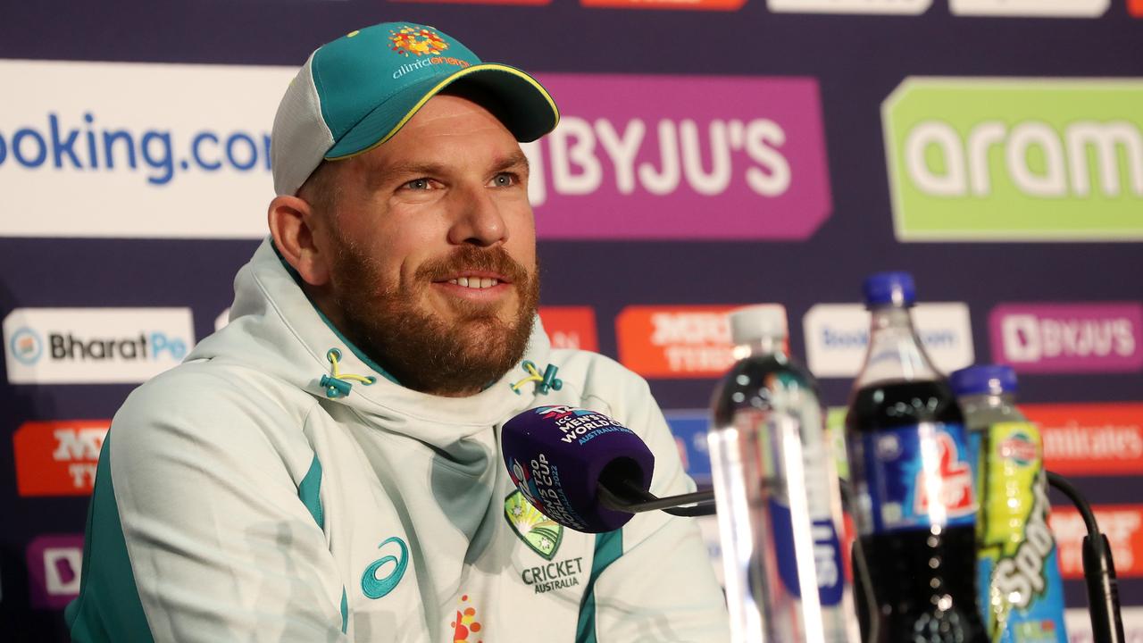 ADELAIDE, AUSTRALIA - NOVEMBER 03: Australian Captain, Aaron Finch at a press conference during the Australian T20 World Cup Squad training session at Adelaide Oval on November 03, 2022 in Adelaide, Australia. (Photo by Sarah Reed/Getty Images)