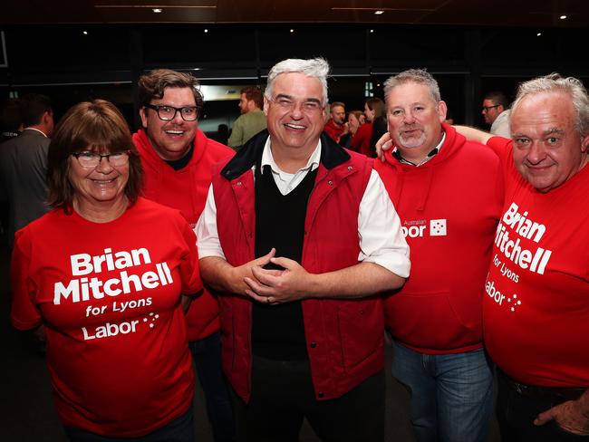 Brian Mitchell Labor member for Lyons in centre with staff L-R Julie McVilly, Brett Maryniak, Darren Clark, Martyn Summers. Labor event at the Tasmanian Hockey Centre in Hobart. Picture: NIKKI DAVIS-JONES