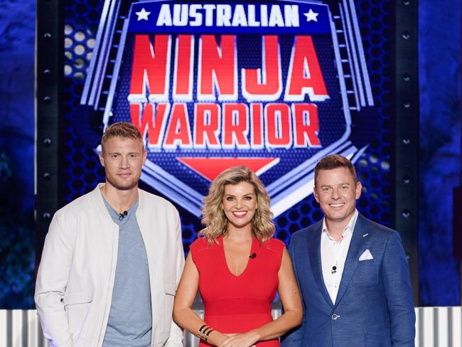 Hosts of Australian Ninja Warrior — Andrew Flintoff, Rebecca Maddern and Ben Fordham. Picture: Channel 9