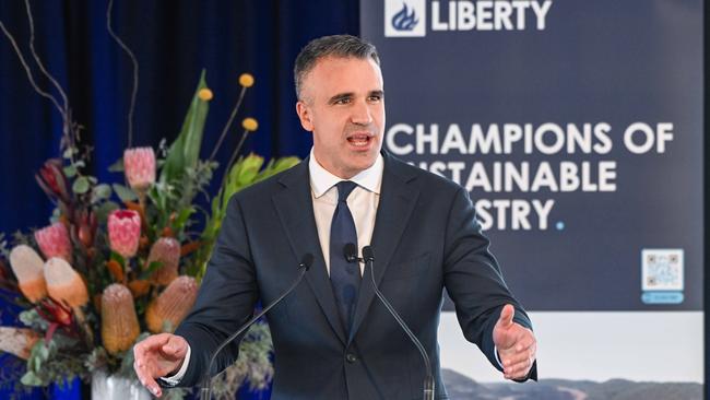 Premier Peter Malinauskas in April 2023 announcing the Whyalla steel plant will be run on hydrogen fuel, making it the first green steel plant in the world. Picture: GFG ALLIANCE/Brenton Edwards