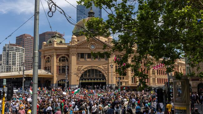 Protesters gather at Melbourne’s Flinders Street Station on Thursday. Picture: Getty Images