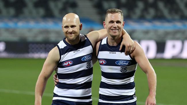 Gary Ablett and Joel Selwood together after their milestone game. Picture: Getty Images