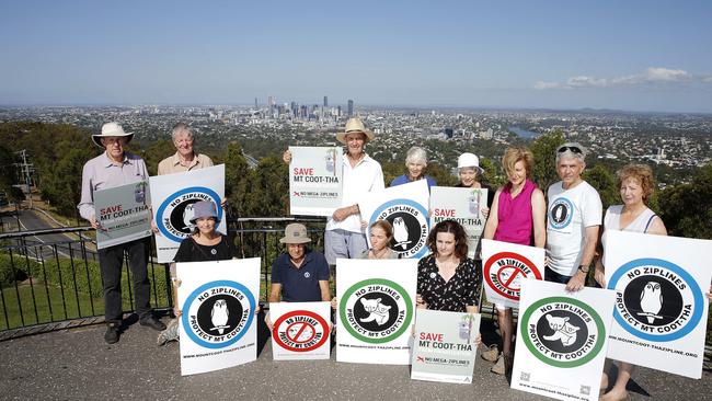 Ross Kapitzke, John Griffiths, Graham Evans, Rachel Griffiths, Jan Keay, Debra Shimada, Alan Lee, Bron Raftery, Maria Miller, Peter Hale, Jules Moreton, Emma Markwell. Anti-zipline signs similar to these have been ripped down by Council. Picture: AAP/Josh Woning