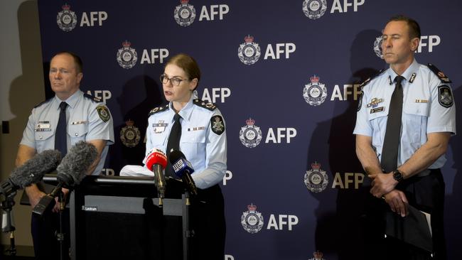 Assistant Commissioners from Queensland, federal, and NSW police forces announced the man’s 1623 charges on Tuesday. Picture: Mohammad Alfares