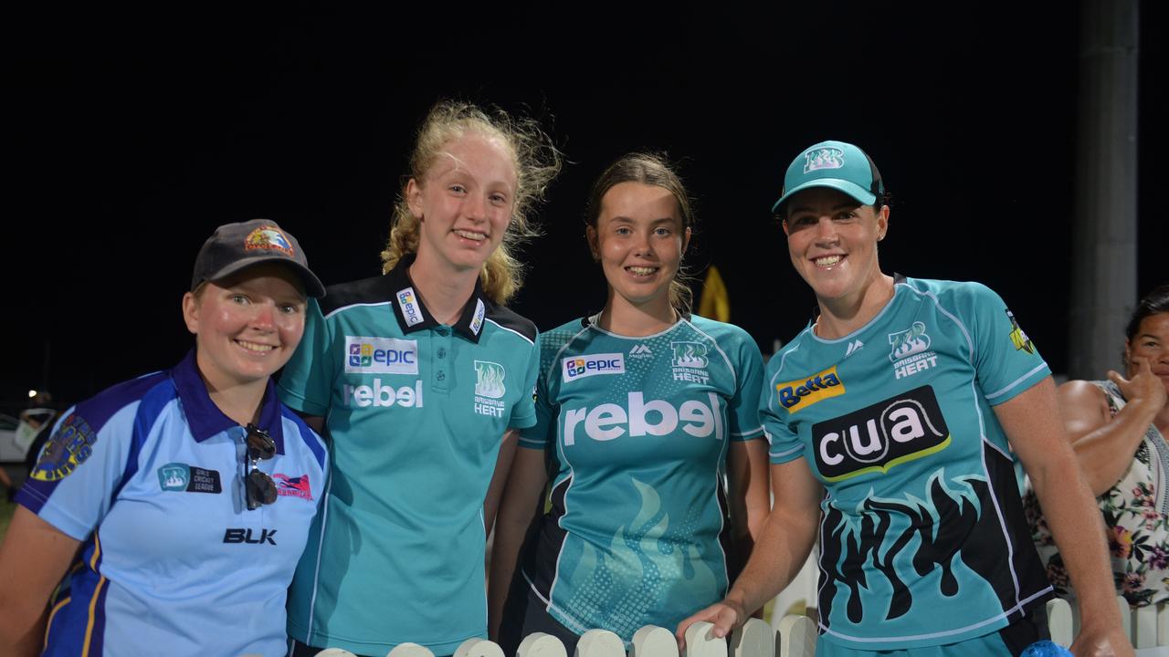 Charni Bloxsom, Ella Anderson, Keyra Smith and Grace Harris after Brisbane Heat's win over Strikers.