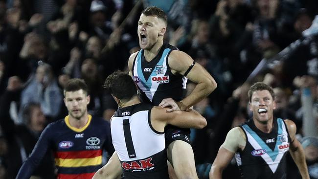 Robbie Gray celebrates one his five goals in the third quarter. Picture SARAH REED