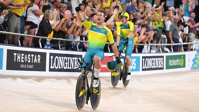 Sam Welsford leads the celebrations of the victorious men’s pursuit team which included Kelland O’Brien, Alex Porter and Leigh Howard. Picture: Getty Images