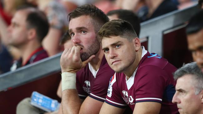 James O'Connor (R) looks on after injuring his ankle. Picture: Getty