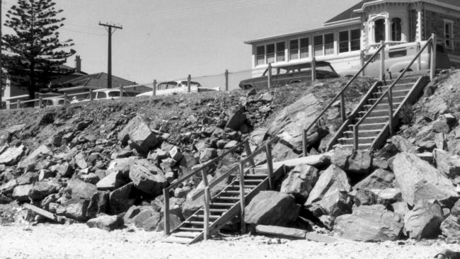 Where the dead man’s body was found in 1948 on Somerton Beach — to the left of the staircase.