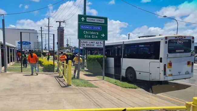 A bus with 26 passengers has crashed into a power poll at a busy Bundaberg intersection.