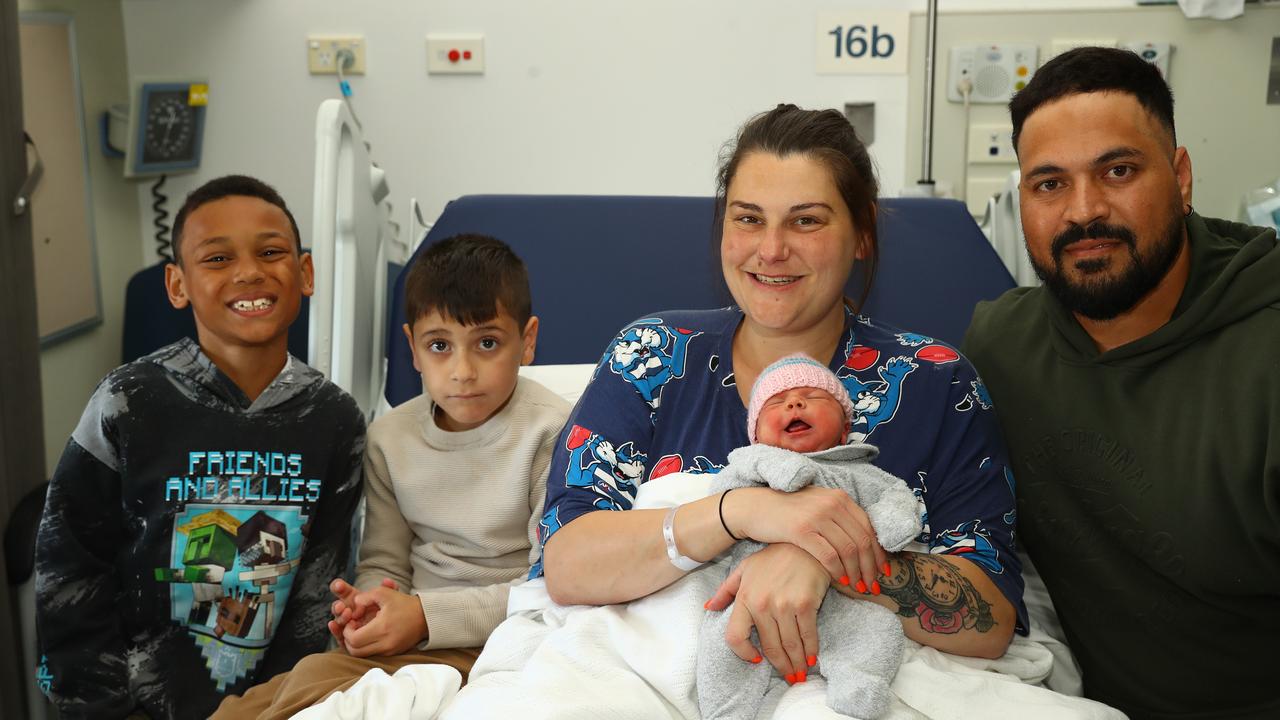 Izabella Faye Bandesha. Parents Melissa Carr and Jashan Bandesha of Geelong. Born 31.3.25 weighing 3400g, Pictured with brothers Elijah and Isaac. Picture: Alison Wynd