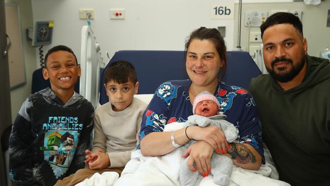Izabella Faye Bandesha. Parents Melissa Carr and Jashan Bandesha of Geelong. Born 31.3.25 weighing 3400g, Pictured with brothers Elijah and Isaac. Picture: Alison Wynd