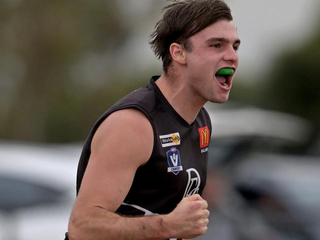 DarleyÃs Riley Matricardi celebrates a goal during the BFNL Melton v Darley football match in Toolern Vale, Saturday, June 3, 2023. Picture: Andy Brownbill