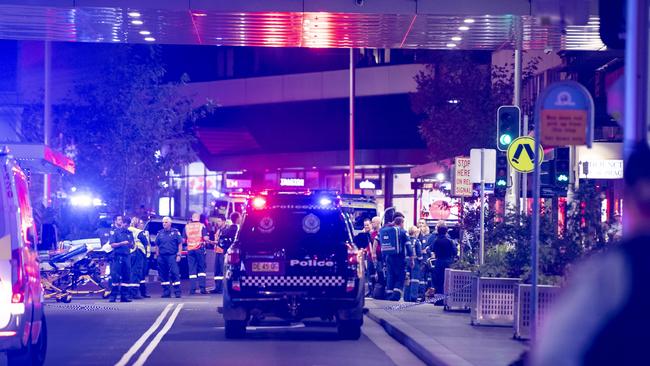 NSW Police and ambulance officers outside Westfield Bondi Junction on Saturday. Picture: NCA NewsWire / Monique Harmer.