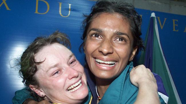 New Hockeyroos coach Katrina Powell with fellow Olympian Nova Peris-Kneebone at Sydney Games.