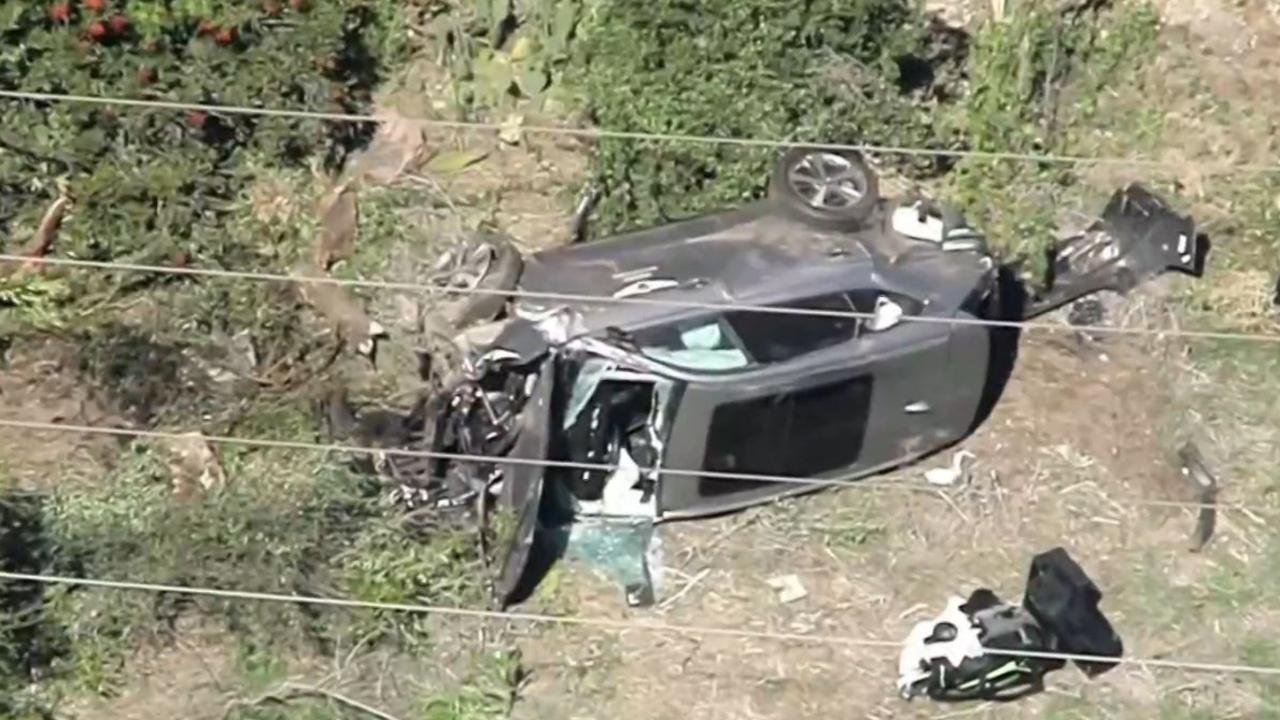 Tiger Woods had to be extricated from his car with the jaws of life and rushed to hospital with major injuries after a horror rollover in Los Angeles. Picture: nbcnews