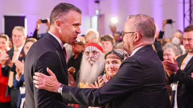 Premier Peter Malinauskas is congratulated by Prime Minister Anthony Albanese after delivering a speech at the Yes23 campaign launch in Elizabeth. Picture: NCA NewsWire / Brenton Edwards