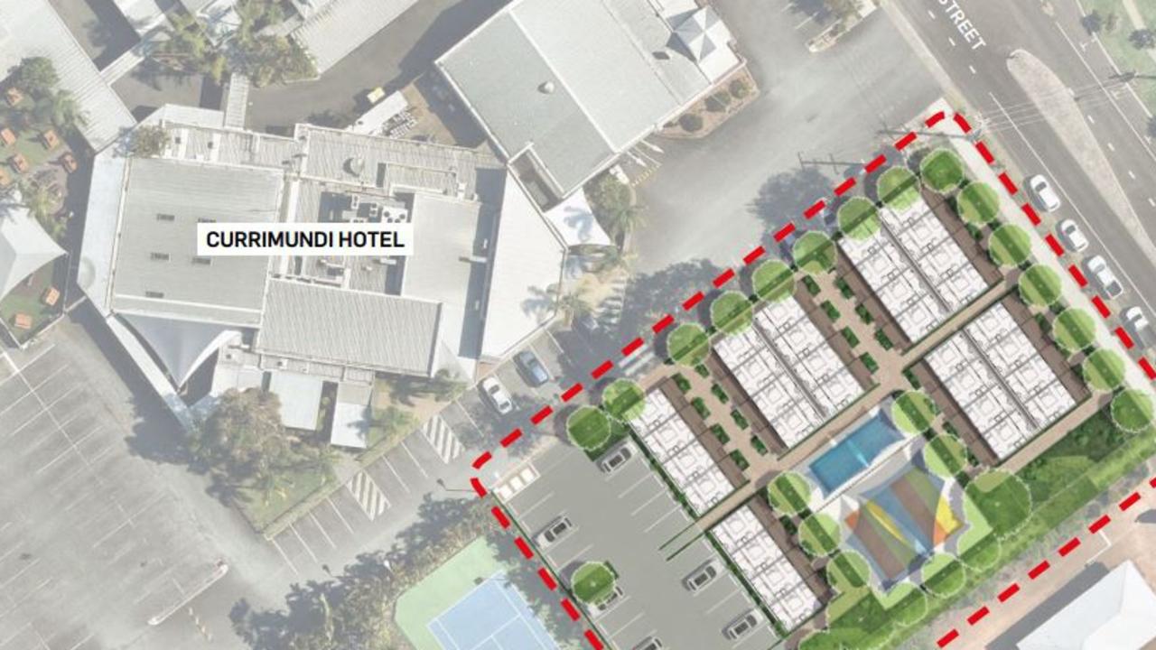 The cabins, if approved, would be located on an adjacent lot owned by Queensland Venue Co and include a pool, jumping pillow and outdoor recreation zone.