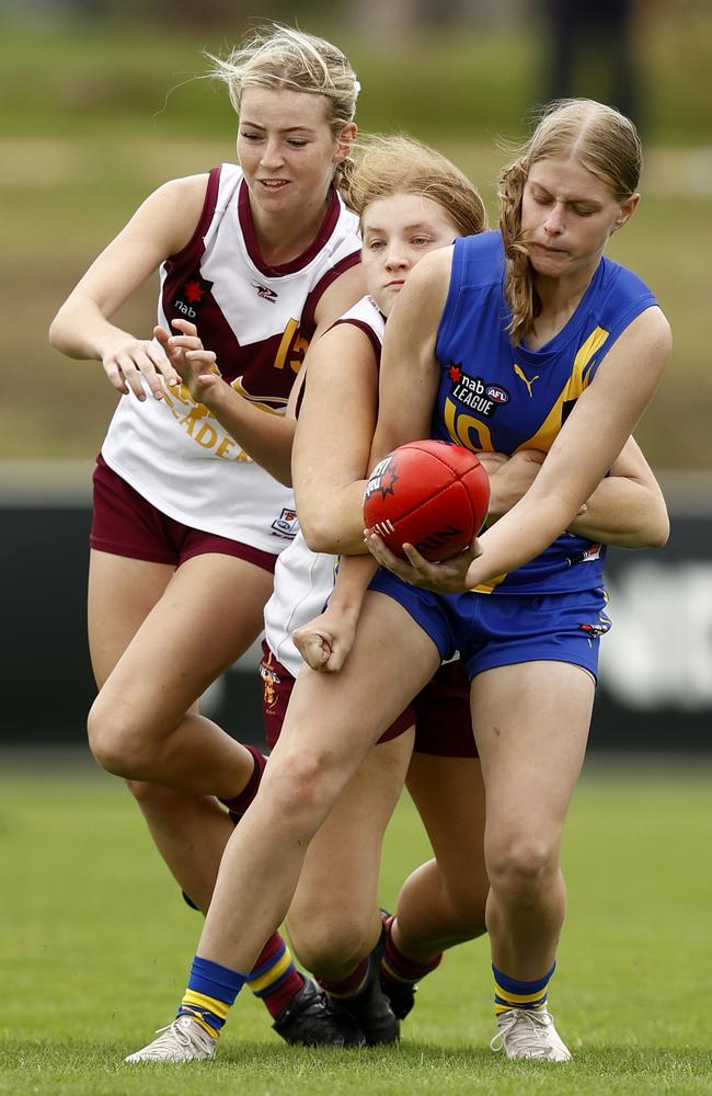 Laura Roy of Brisbane tackles Tamara Henry of the Western Jets during the NAB Week Seven match between the Western Jets and the Brisbane Lions at The Hangar on March 06, 2022 in Melbourne, Australia. (Photo by Darrian Traynor/AFL Photos/Getty Images)