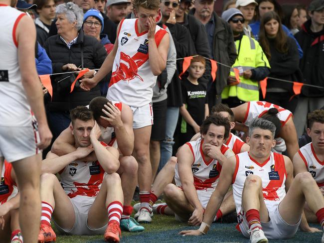 A dejected Sorrento after losing to Pines in last season’s grand final. Picture: Andy Brownbill