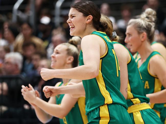 SYDNEY, AUSTRALIA - MAY 29: Jade Melbourne of the Opals supports her team mates from the bench during game two of the International Women's series between Australian Opals and Japan at Quay Centre on May 29, 2022 in Sydney, Australia. (Photo by Matt King/Getty Images)