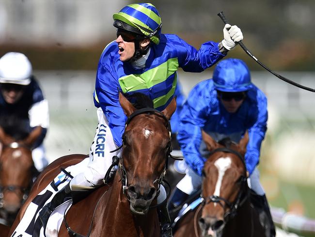 Nick Hall reacts as Jameka crosses the line. Picture: AAP