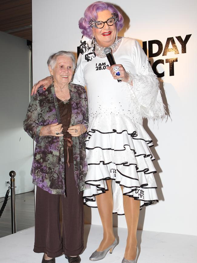 Fulton with Dame Edna at the launch of the Bonds Birthday Project in 2012.