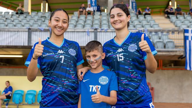 Aaliyah Mukhlis, Theo Kouros and Anastasia Koukouvas at the fifth annual GleNTi Cup between Hellenic AC and Darwin Olympic SC, June 3, 2025. Picture: Pema Tamang Pakhrin