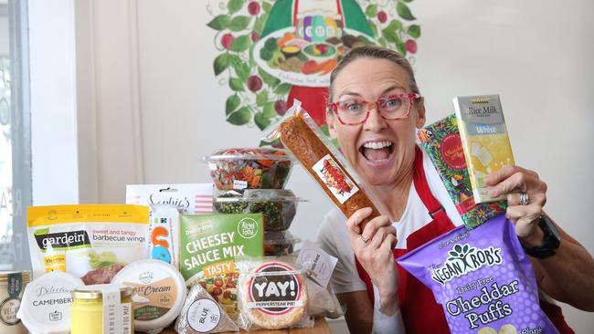 Eileen Sims runs the Feast vegan cafe in East Geelong. She is pictured with some of the Vegan products she sells. Picture: Peter Ristevski