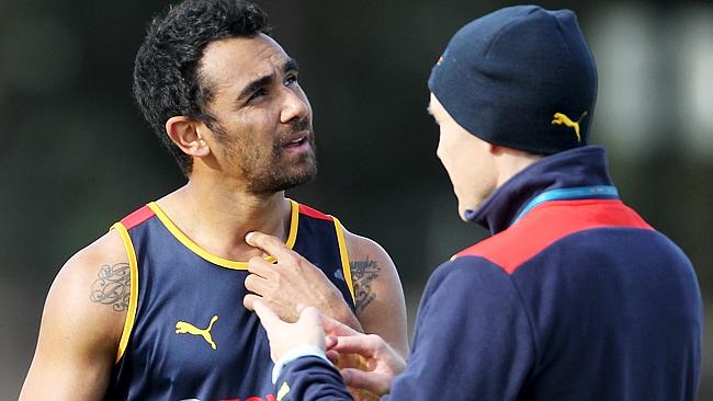 Crows coach Brenton Sanderson talks to Richard Tambling. Picture: Simon Cross