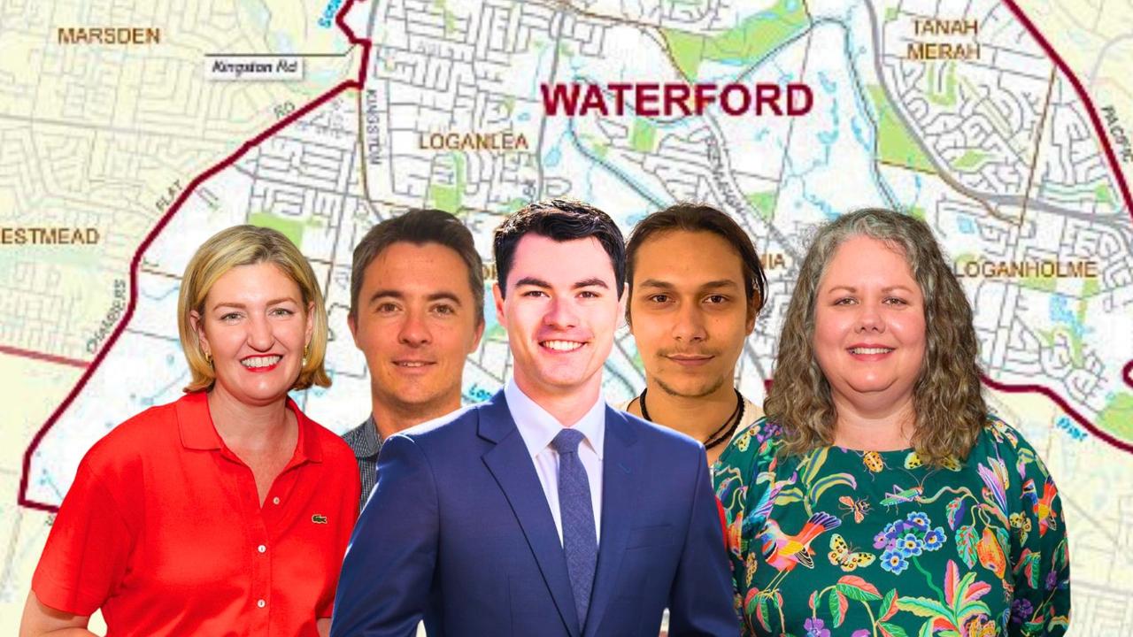 Five of the six candidates for the state seat of Waterford, from left, sitting MP Shannon Fentiman; One Nation’s Callum Whatmore; LNP’s Jacob Heremaia; Legalise Cannabis Qld Julius Taylor and Greens Kirsty Petersen.