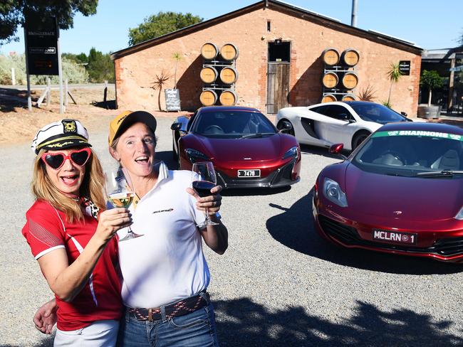 McLarens at McLaren Vale  Samantha James and Kylie Gumley with McLaren Cars at Shingleback cellar door to promote the upcoming Vintage and Classic Car Event  .Wednesday,April,7,2021.Picture Mark Brake