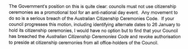 Excerpts from the Office of Immigration's letter to Lismore City Council over its proposal to change the Australia Day date. Picture: Facebook