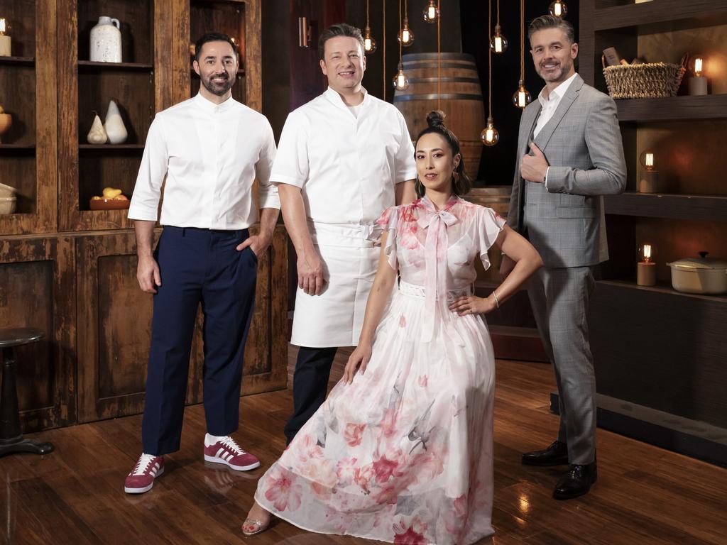 Andy Allen, Jamie Oliver, Melissa Leong and Jock Zonfrillo in MasterChef Australia 2023. Picture: Supplied/Channel 10