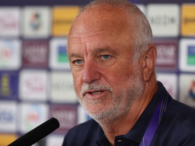 DOHA, QATAR - JANUARY 12: Australian coach Graham Arnold speaks to the media during an Australia Socceroos Press Conference ahead of the the AFC Asian Cup at the AFC Main Media Centre on January 12, 2024 in Doha, Qatar. (Photo by Robert Cianflone/Getty Images)