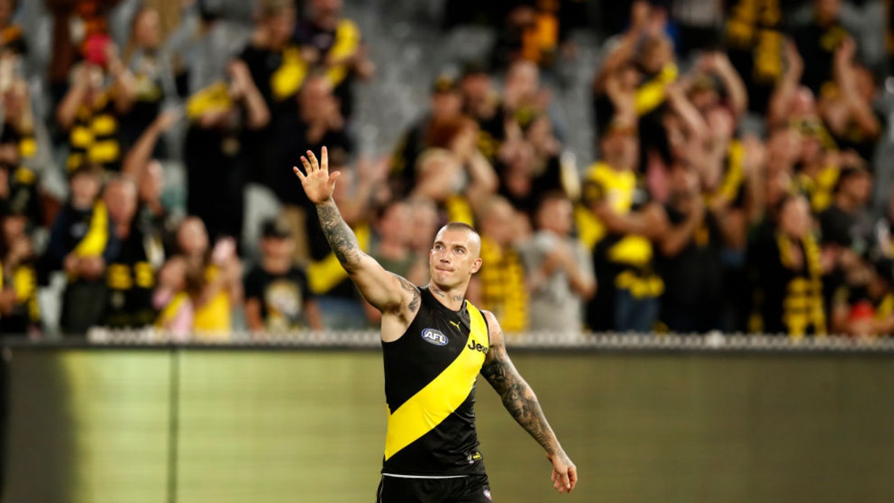 MELBOURNE, AUSTRALIA - MARCH 18: Dustin Martin of the Tigers acknowledges the fans after the round one AFL match between the Richmond Tigers and the Carlton Blues at Melbourne Cricket Ground on March 18, 2021 in Melbourne, Australia. (Photo by Darrian Traynor/Getty Images)