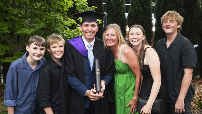 Juris Doctor graduate Deon List with family (from left) Noah, Gus, Katrina, Asher and Samson List at a UniSQ graduation ceremony at The Empire, Wednesday, October 30, 2024. Picture: Kevin Farmer