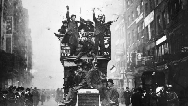 Crowds celebrate the signing of the Armistice at the end of World War I. Picture: Getty